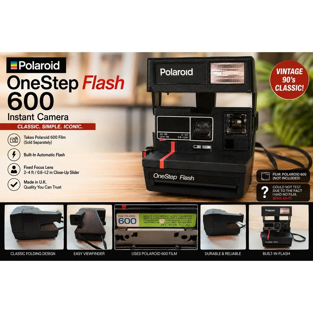 Polaroid OneStep Flash 600 Instant Film Camera Vintage 90s Black Made in UK
